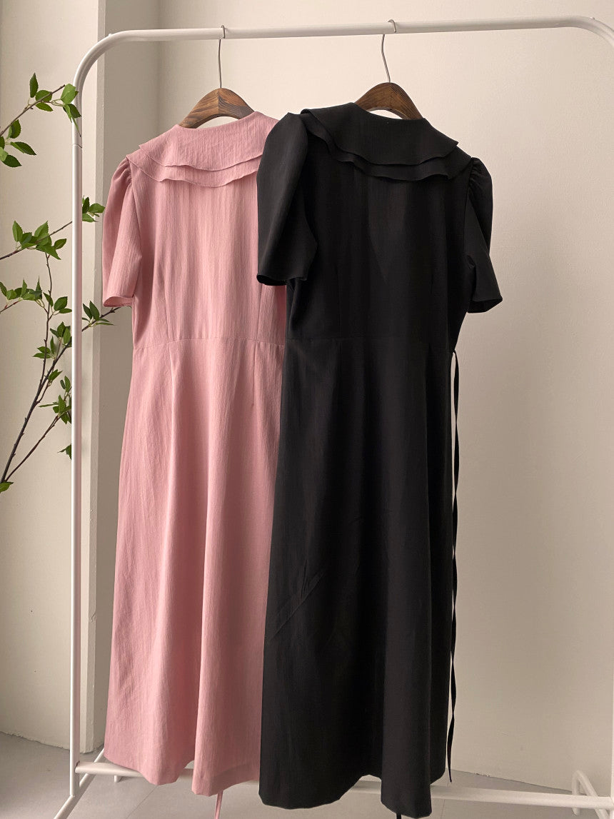 French Retro Double-Layer Collar Buckle Waist Slimming Mid-Length One-Piece Puff Sleeve Dress Women