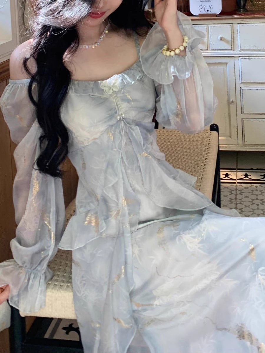 Elegant Gray Blue Gradient Fairy Butterfly Ruffle Long Sleeve Dress for Women