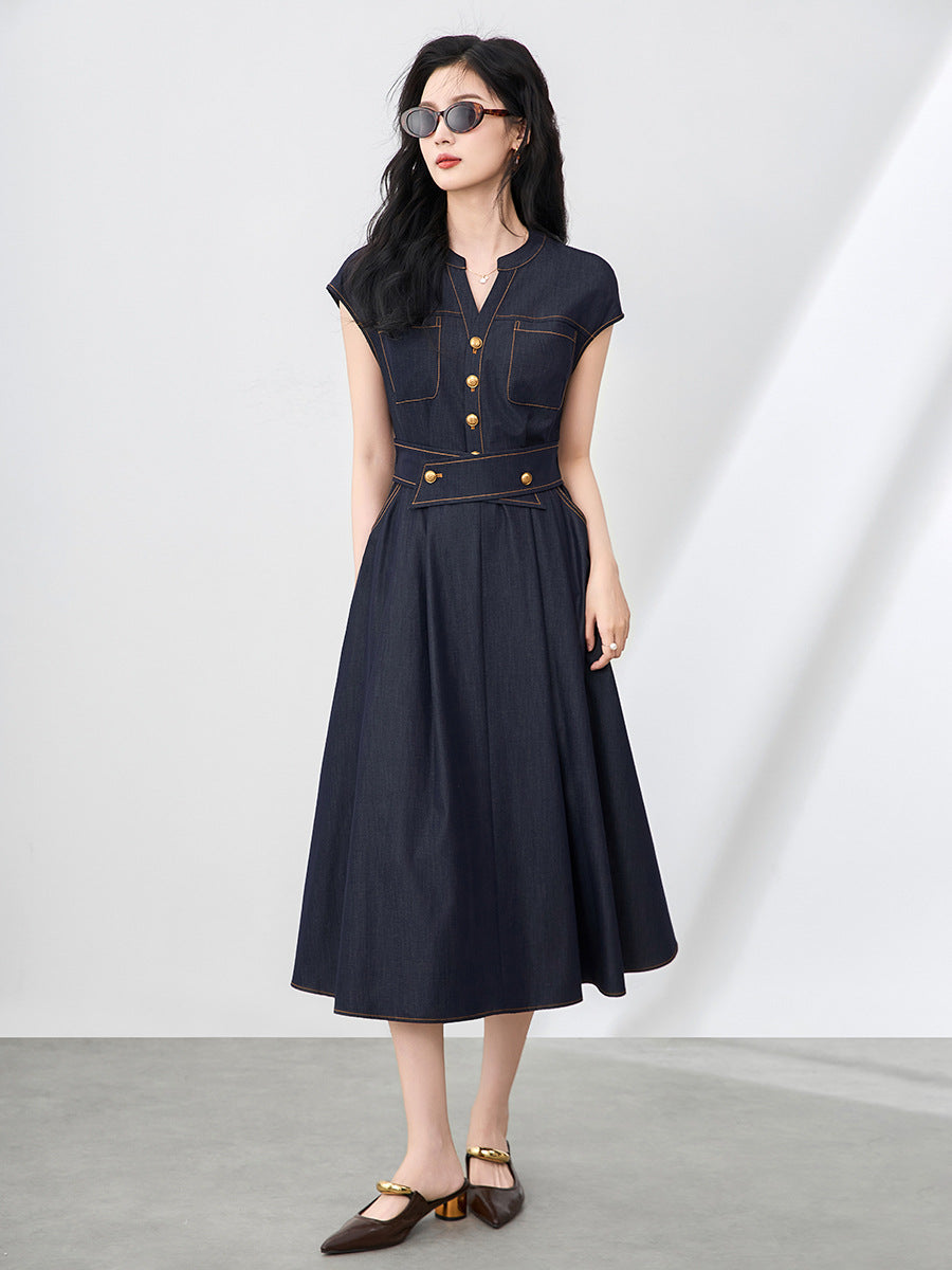 Light Mature Retro Hong Kong Style Elegant Slim Fit Tank Dress Ice Silk Cotton Denim Skirt
