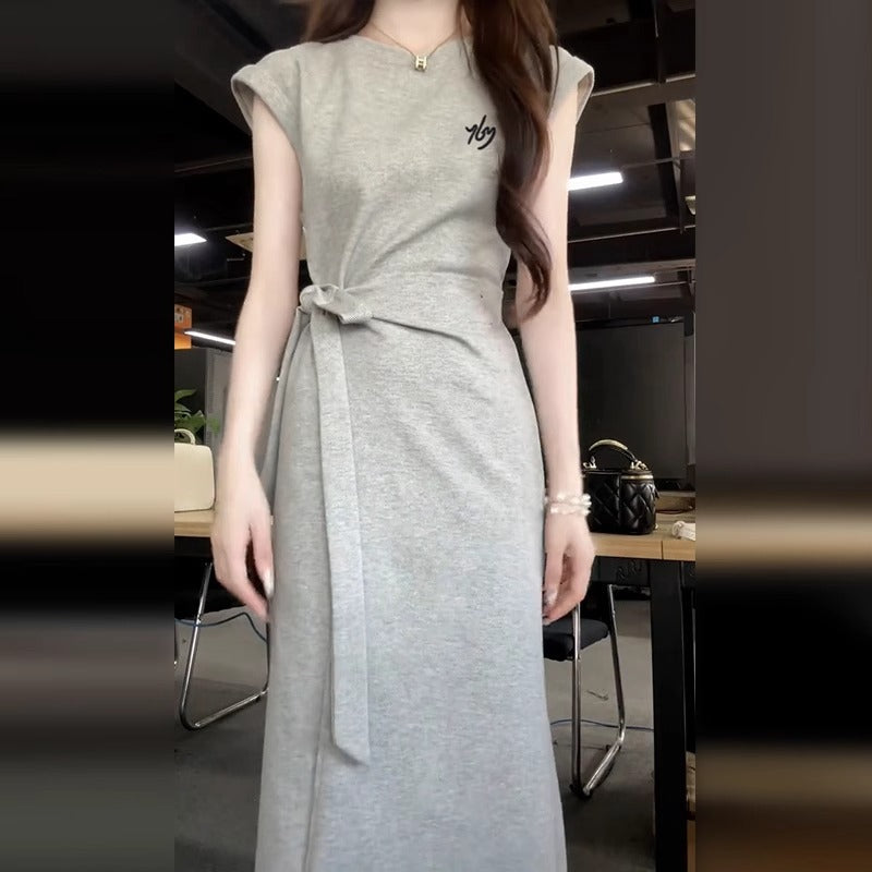 New French Style Gray Short Sleeve Dress for Women Summer Elegant High-end Casual Waist-cinching Long Dress