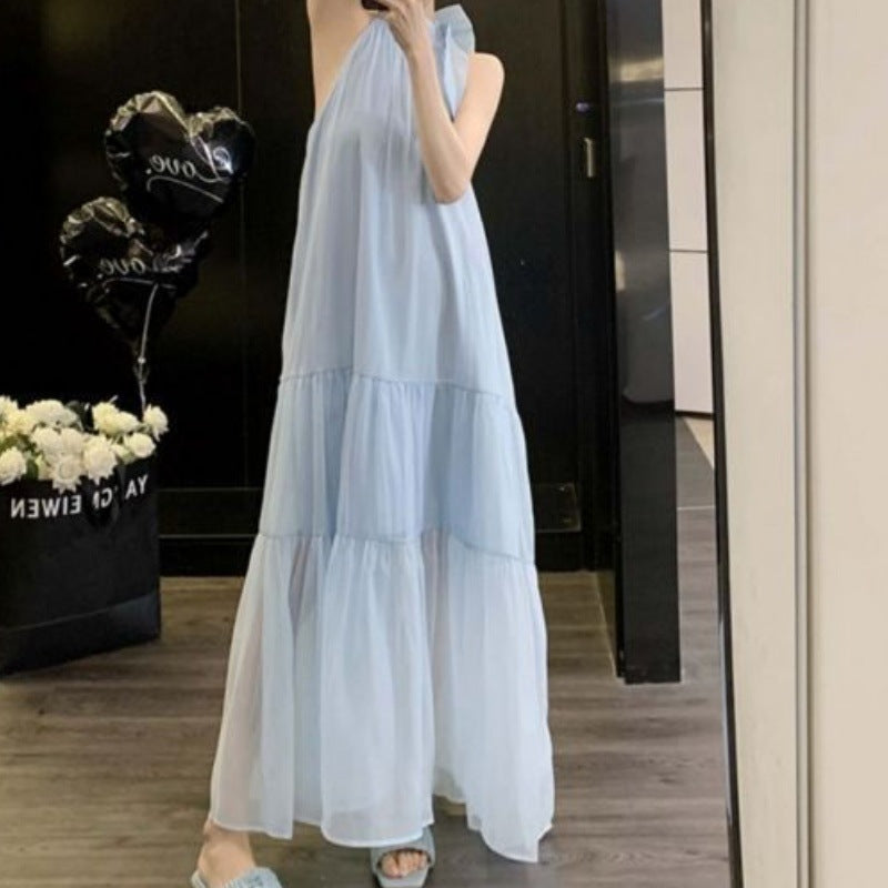 Elegant French Style Neck Hanging dress Bow Design Sense Salt Sweet Age-reducing Super Fairy Long Dress for Children