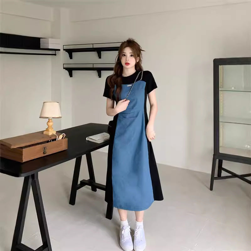 Small Size plus size Not Pick Body Retro Denim Stitching dress Women's New Summer Skirt Belly Covering Slim A- line Skirt