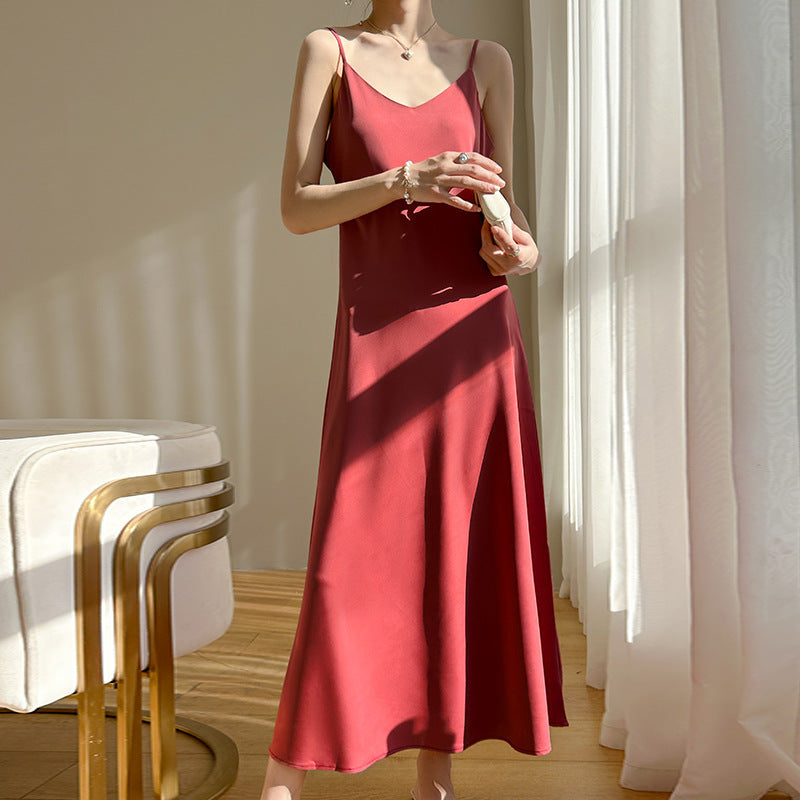 Summer New Mid-Length Sleeveless Off-Shoulder Light Luxury Mulberry Silk Acetate Satin Imitation Silk Strap Dress for Women