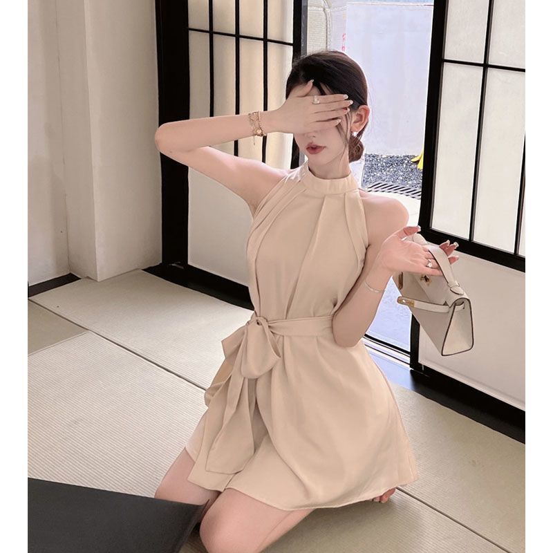 High-End Sleeveless Dress for Women, Summer Off-Shoulder Sexy Socialite Style, Waist-Cinching Tie Short Dress