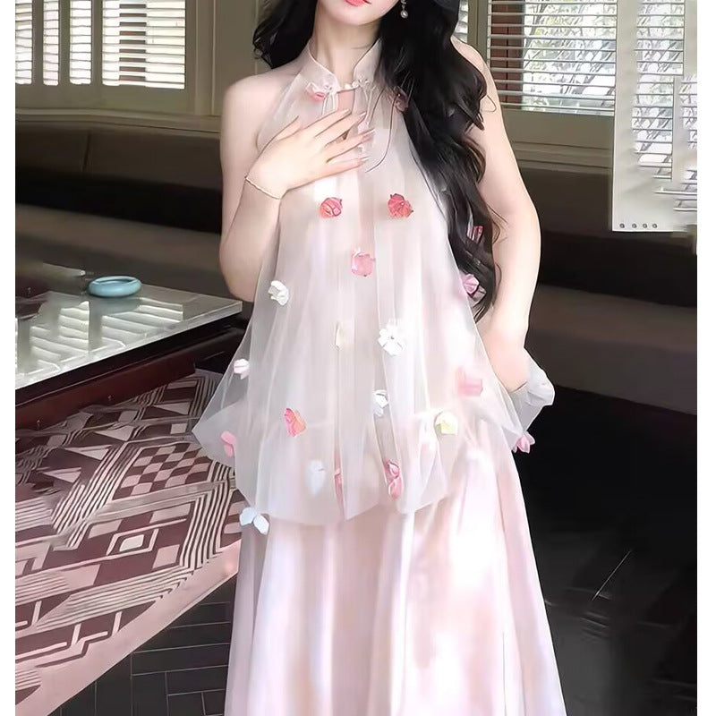 Fendai Liufang Heavy Craft Three-Dimensional Flower Halter Neck Printed Long Dress for Women Summer New Chinese Style Fake Two-Piece Off-Shoulder Dress