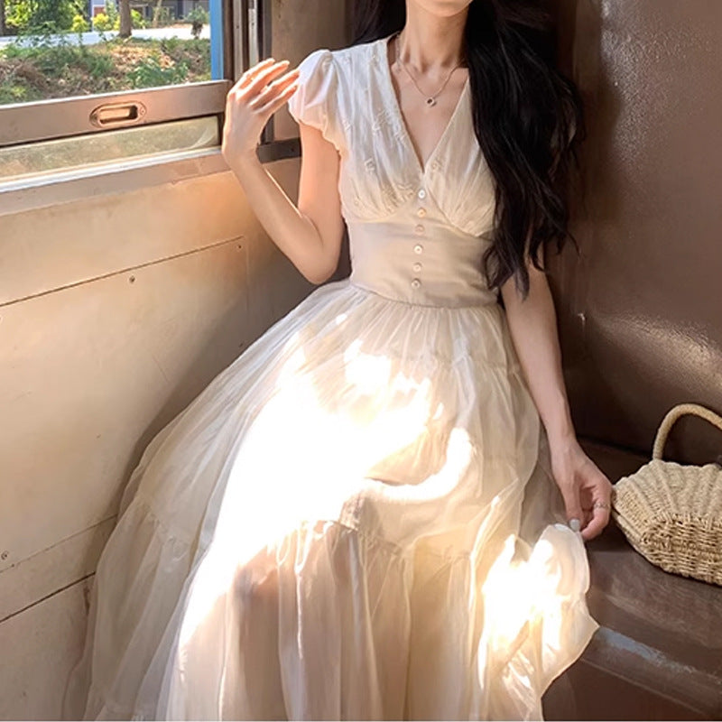 Summer V-neck Short Sleeve Waist-cinching Slimming Dress for Women with Elegant Puff Sleeves and Sweet Style