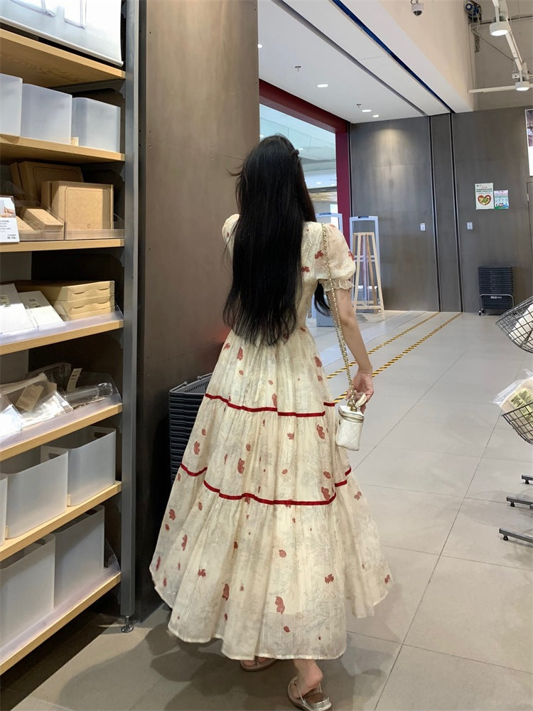 Plus Size Women's French Style Color Block Print Dress Waist Slimming Square Neck First Love Long Dress