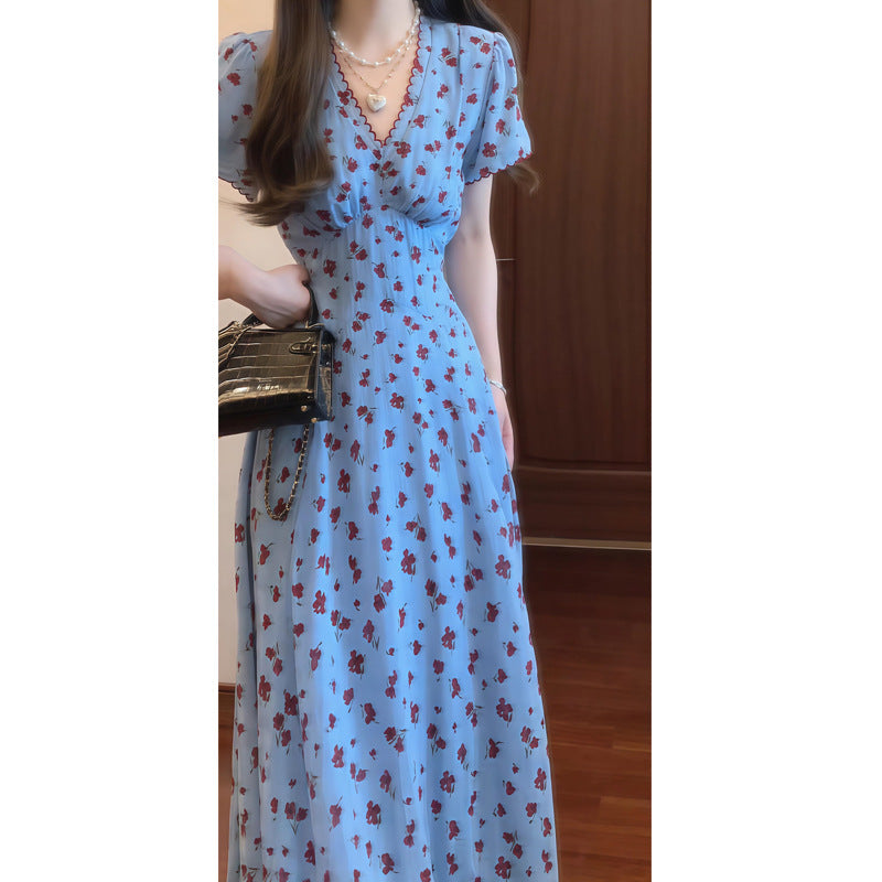French Style Blue V-Neck Floral Dress for Women, Summer Waist-Cinching Slimming Elegant Long Dress
