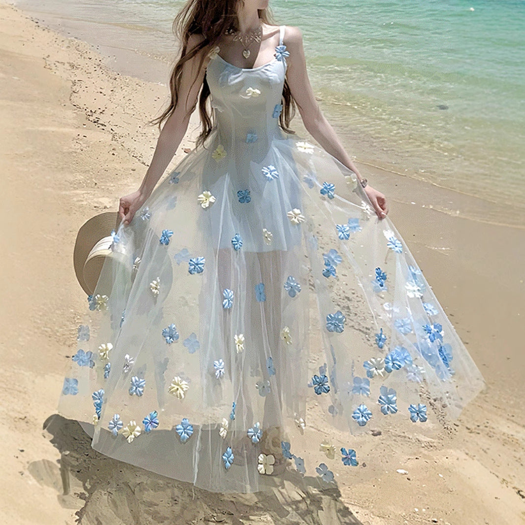 Summer New "Sea Salt Mint" French Gentle Romantic Three-dimensional Flower Elegant Blue Sling dress