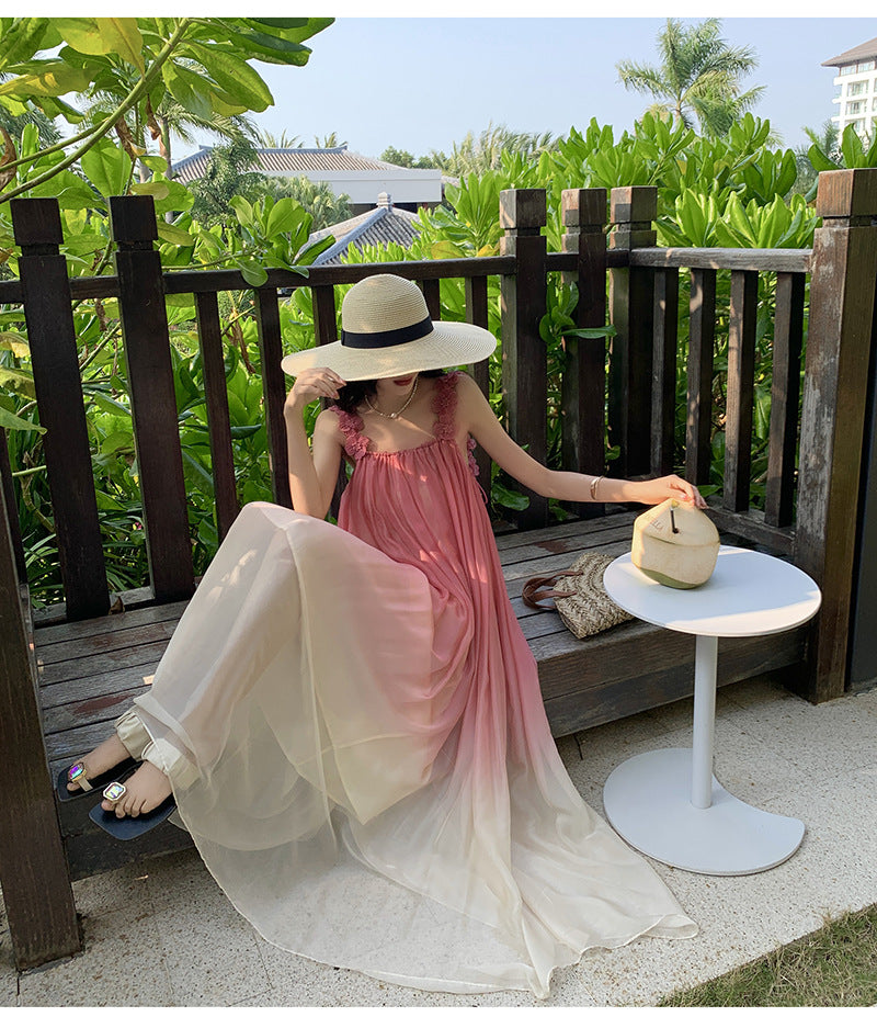 Beach Dress Sanya Vacation Strap Long Dress Pink Gradient Chiffon Dress Super Fairy