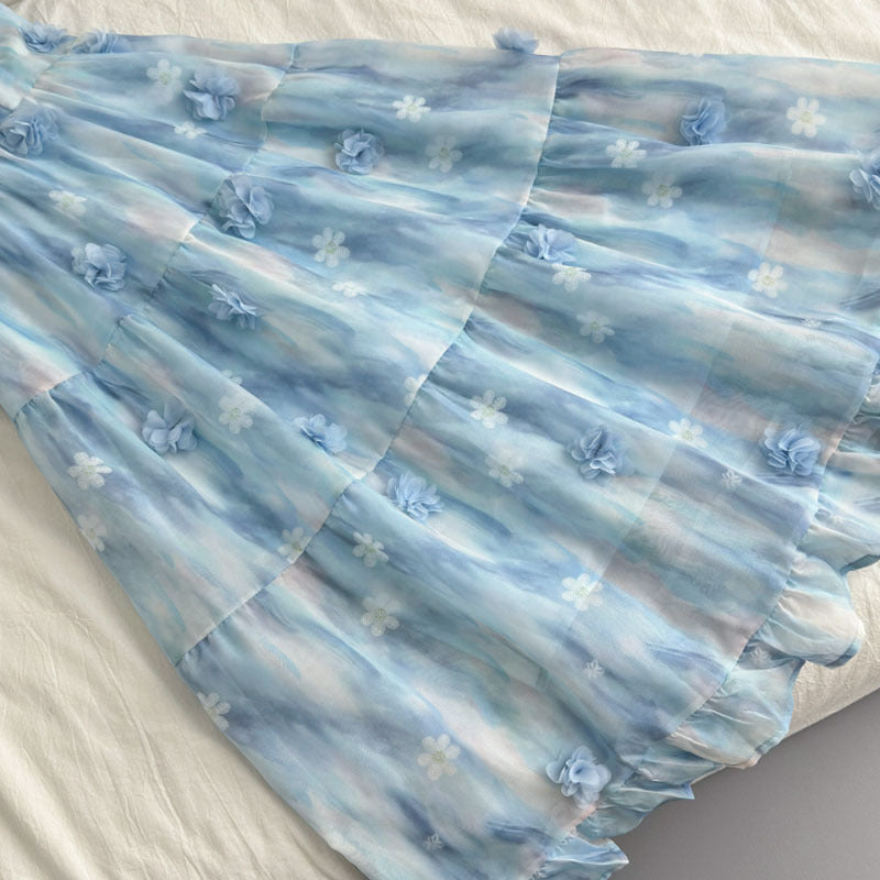 Blue Long Chiffon Printed Dress with Flutter Sleeves, French Sweet Style, Slimming Dress