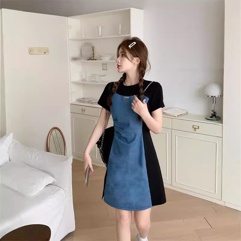 Small Size plus size Not Pick Body Retro Denim Stitching dress Women's New Summer Skirt Belly Covering Slim A- line Skirt