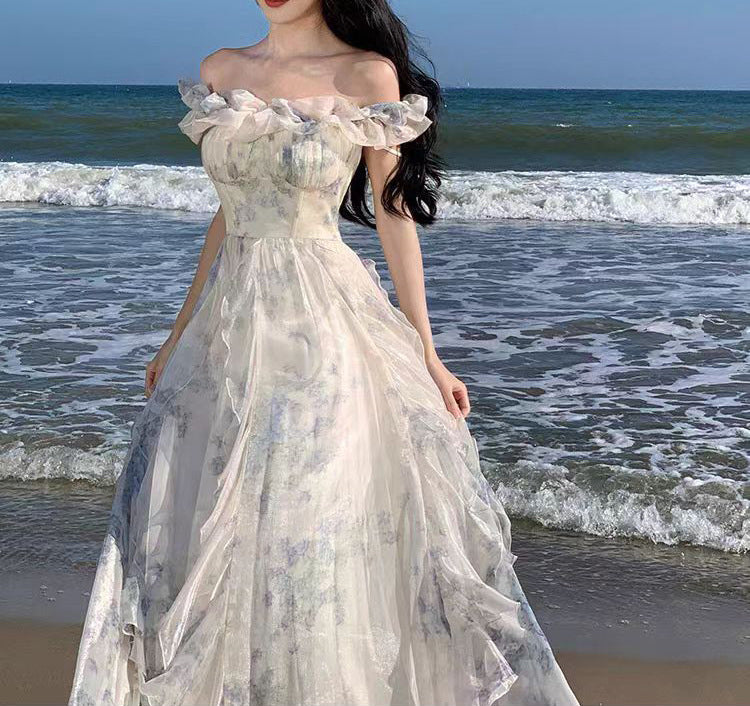 Seaside vacation style spaghetti strap dress with French ruffle hem, Saya long dress, ethereal fairy-like vibe, flowing and trendy.