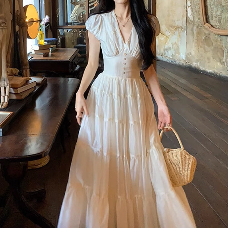 Summer V-neck Short Sleeve Waist-cinching Slimming Dress for Women with Elegant Puff Sleeves and Sweet Style