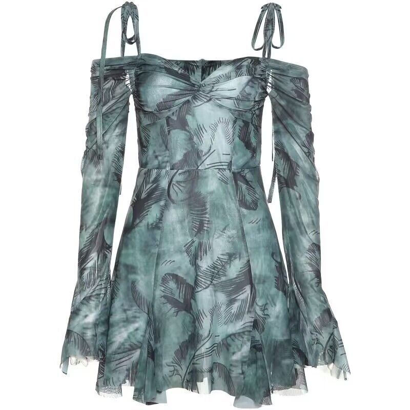 European and American Women's Clothing Summer Sexy off-Shoulder Bell Sleeve Printed Waist-Controlled Slimming Sling Dress
