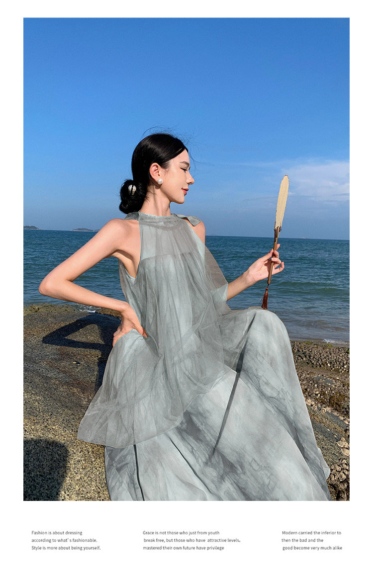 Light Raspberry Powder Jacquard Mesh Halter Fake Two Pieces Dress High Sense Morning Gowns Sleeveless Skirt