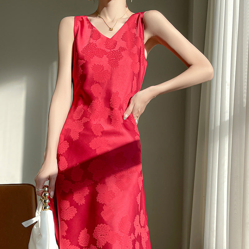 Women's Acetate Satin Mid-Length Dress Spring and Summer New Leaf Printing Niche Minimalist Style Sleeveless Skirt