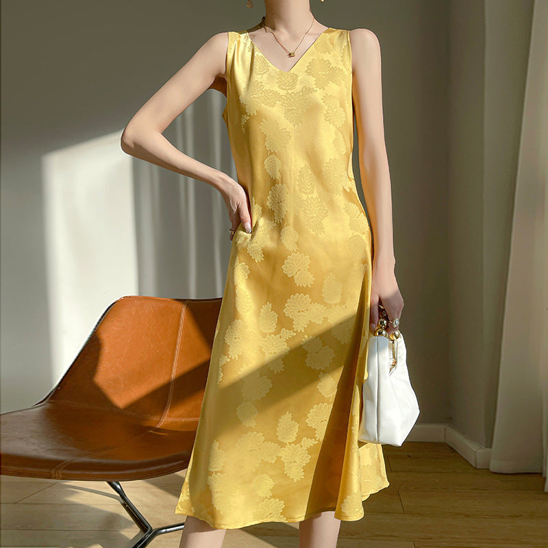 Women's Acetate Satin Mid-Length Dress Spring and Summer New Leaf Printing Niche Minimalist Style Sleeveless Skirt