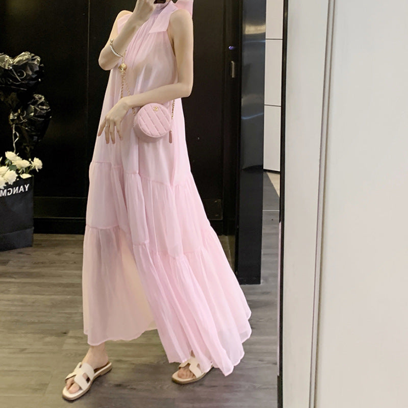 Elegant French Style Neck Hanging dress Bow Design Sense Salt Sweet Age-reducing Super Fairy Long Dress for Children