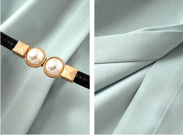 Polo Collar Contrast Color Braid Shoulder Sleeve Single Row Hidden Hook Waist Slimming Dress