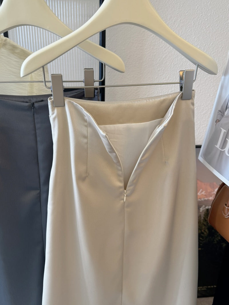 Elegant Goddess Style~Asymmetric Smooth Satin Skirt, Spring and Summer Pleated Pencil Skirt, Mid-Length Straight Skirt