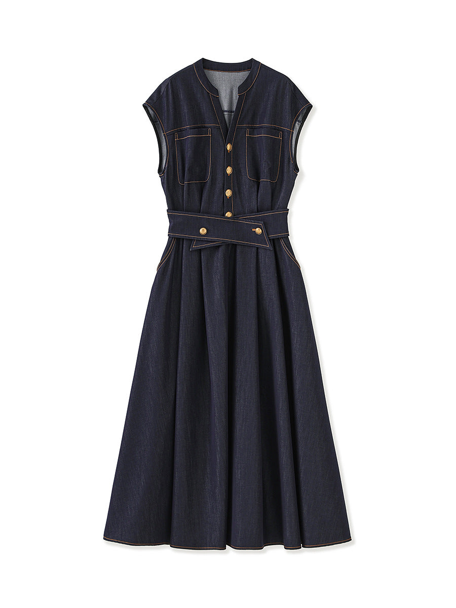 Light Mature Retro Hong Kong Style Elegant Slim Fit Tank Dress Ice Silk Cotton Denim Skirt