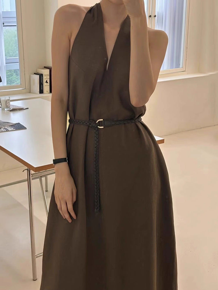 South Korea chic Summer Retro High Sense V Collar Waist-Tight Thin over the Knee Long Halter Vest Dress Women
