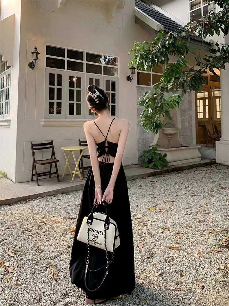Sweet and Spicy Girl Floral Strap Dress Fairy Summer Dress Beach Vacation Backless Sexy Elegant Waist-Cinching Long Dress