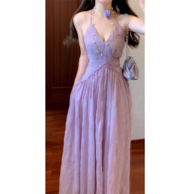 French-style Purple Halter Neck Strap Beach Vacation Elegant Beach Dress