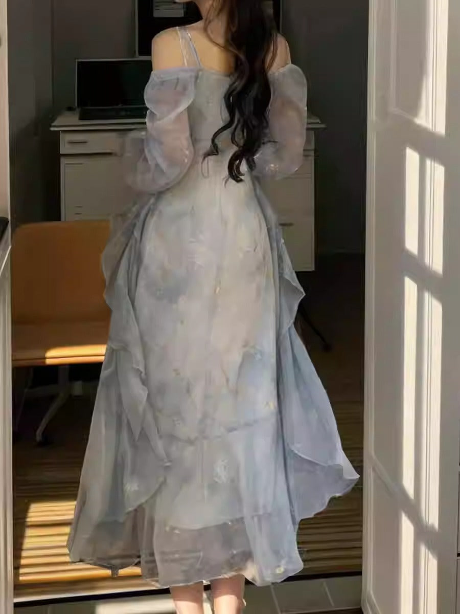 Elegant Gray Blue Gradient Fairy Butterfly Ruffle Long Sleeve Dress for Women
