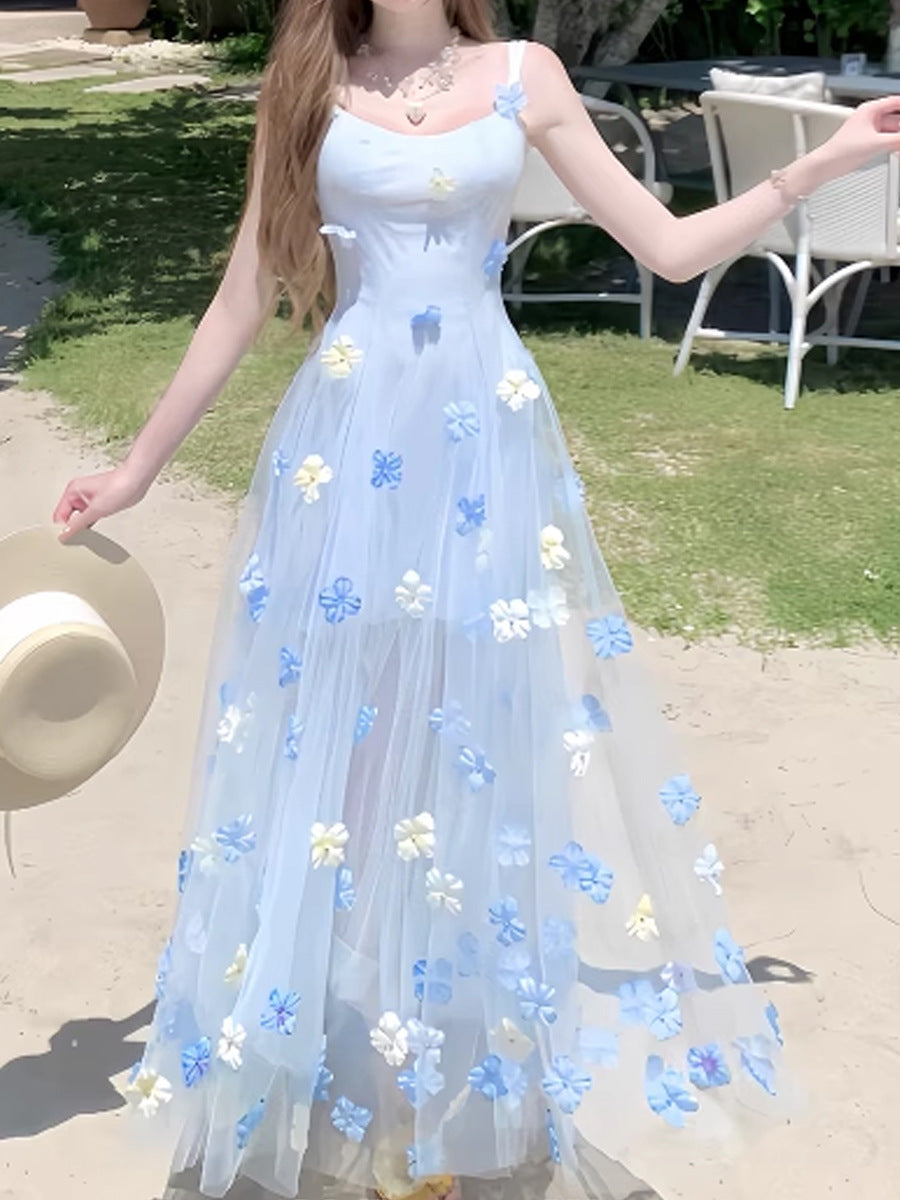 Summer New "Sea Salt Mint" French Gentle Romantic Three-dimensional Flower Elegant Blue Sling dress