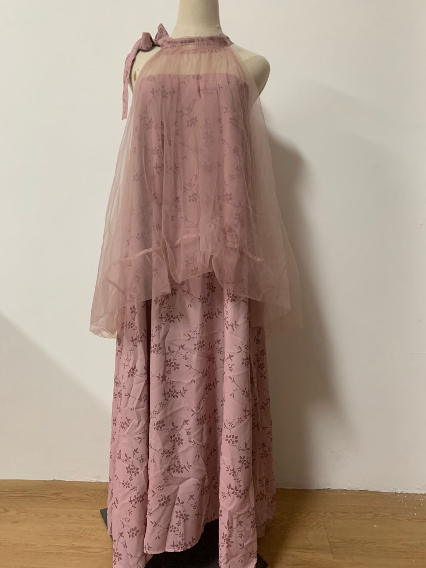 Light Raspberry Powder Jacquard Mesh Halter Fake Two Pieces Dress High Sense Morning Gowns Sleeveless Skirt