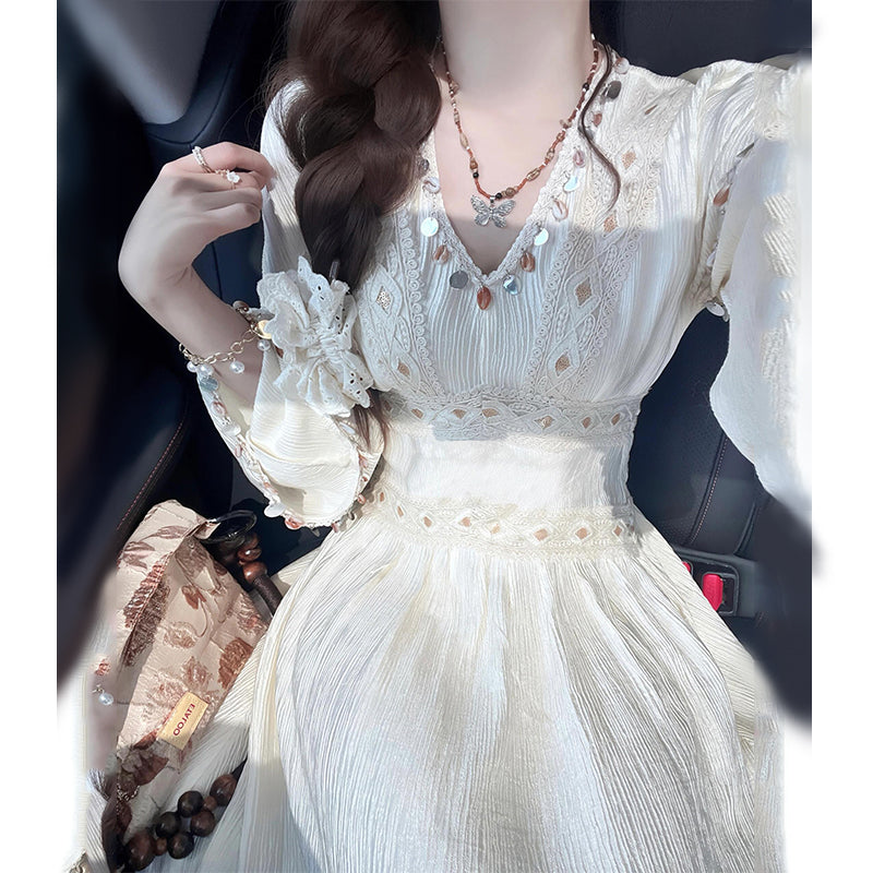 New Chinese Style V-Neck Long Sleeve Dress Women's Spring 2025 New Arrival High-End Elegant Waist-Tie Ethnic Maxi Dress