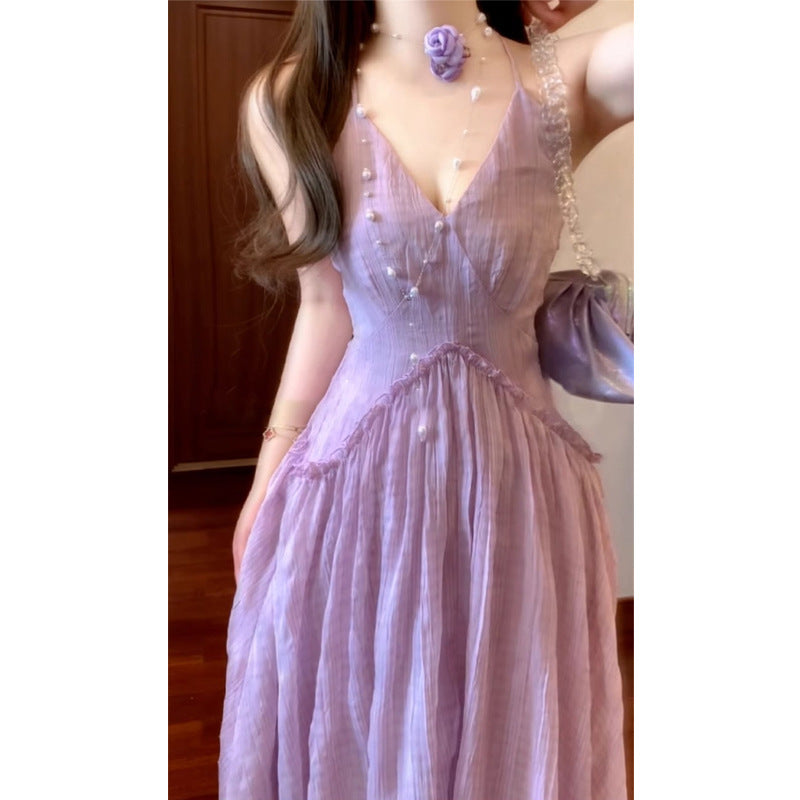 French-style Purple Halter Neck Strap Beach Vacation Elegant Beach Dress