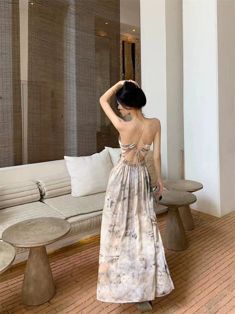 Sweet and Spicy Girl Floral Strap Dress Fairy Summer Dress Beach Vacation Backless Sexy Elegant Waist-Cinching Long Dress