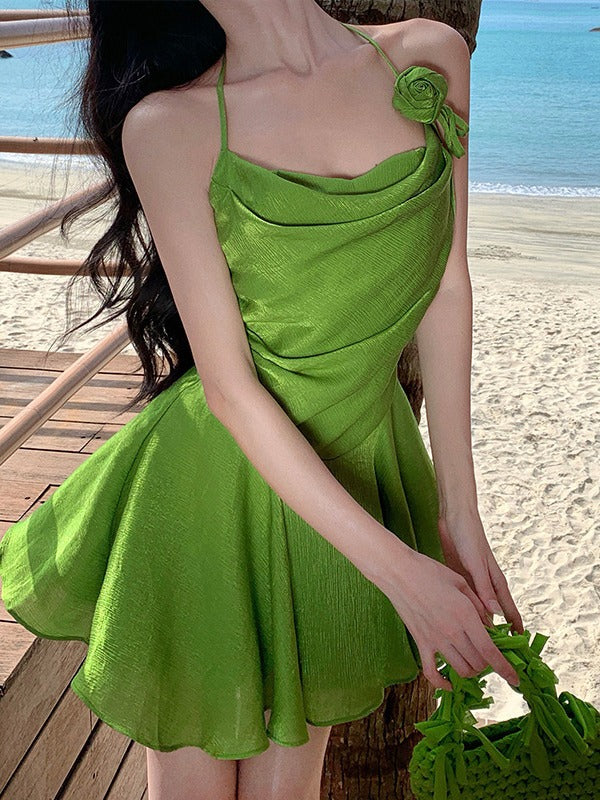 Unique and Beautiful Halter Neck Chic Strap Dress for Women, Summer Petite Slimming Ruched Vacation Beach Dress