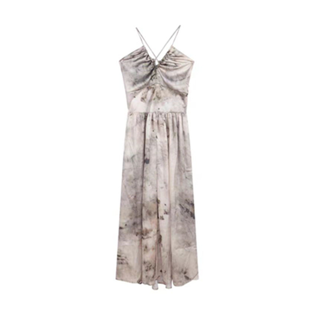 Sweet and Spicy Girl Floral Strap Dress Fairy Summer Dress Beach Vacation Backless Sexy Elegant Waist-Cinching Long Dress