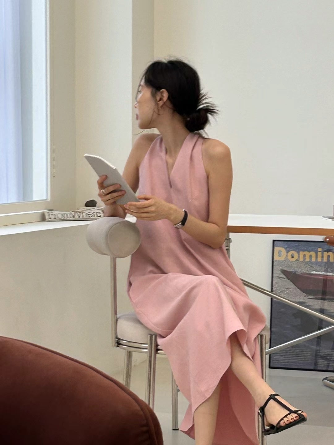 South Korea chic Summer Retro High Sense V Collar Waist-Tight Thin over the Knee Long Halter Vest Dress Women