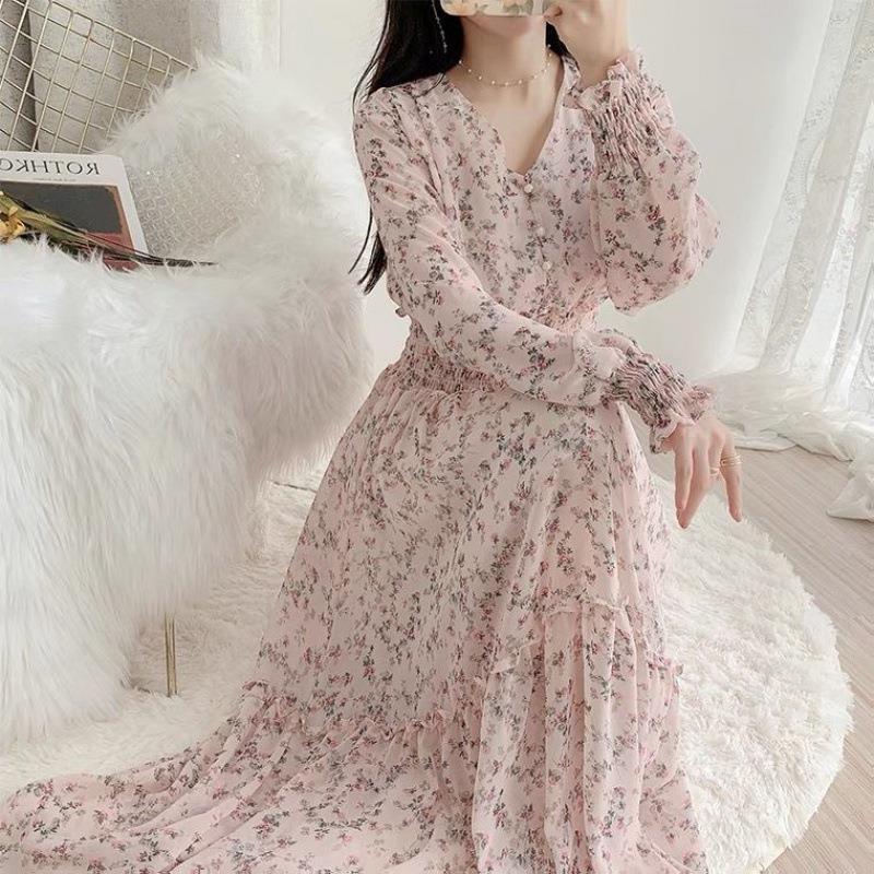 Artistic Style Floral Skirt Chiffon Dress Long Skirt Spring New Korean Style Fairy Dress Ruffled Large Swing Skirt