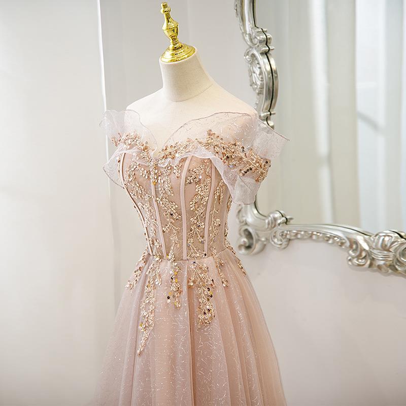 Off-Shoulder Pink Evening Dress High-End 2025 Spring Host Banquet Elegant Socialite Engagement Party Dress