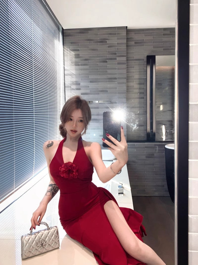 Red Three-Dimensional Flower Halter Neck Dress for Women, Summer Slim Fit Long Dress, Pure Desire Waist-Cinching Slit Bodycon Dress