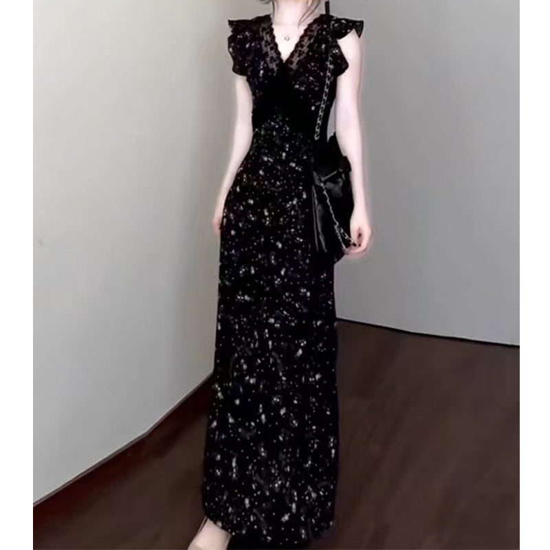 Black Lace Patchwork Floral Dress Vacation Style French Elegant Unique Beautiful Waist-Cinching Long Dress