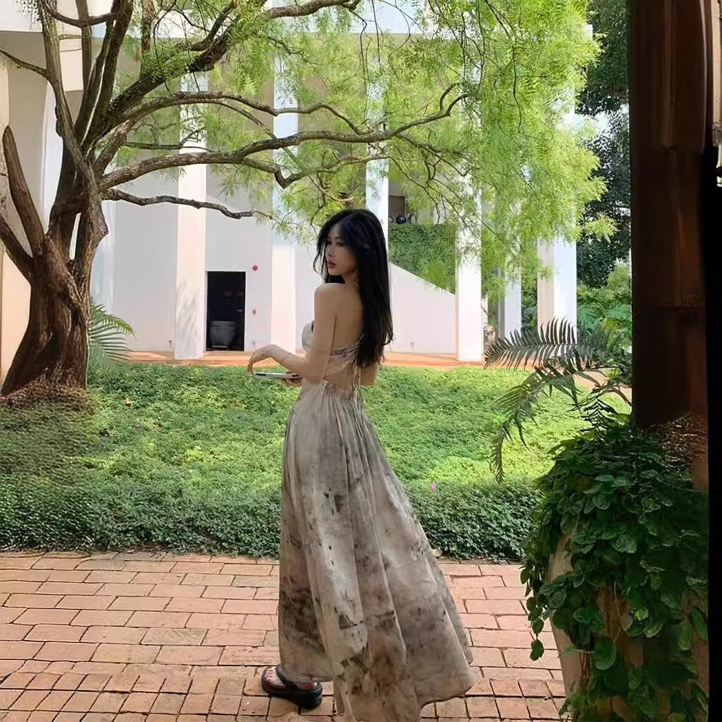 Sweet and Spicy Girl Floral Strap Dress Fairy Summer Dress Beach Vacation Backless Sexy Elegant Waist-Cinching Long Dress