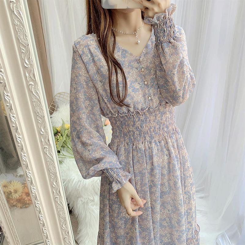 Artistic Style Floral Skirt Chiffon Dress Long Skirt Spring New Korean Style Fairy Dress Ruffled Large Swing Skirt