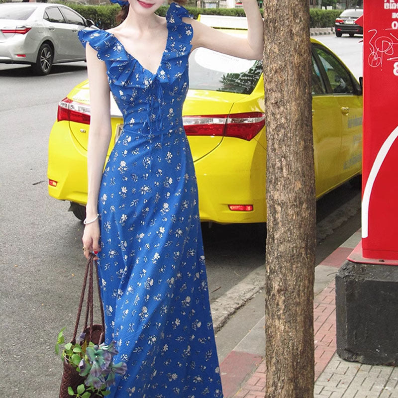 Klein Blue Romantic Floral Tie Dress That Enhances Fair Skin