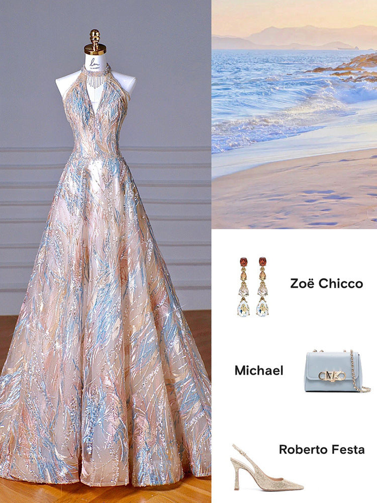 French Style Halter Neck Evening Dress New Light Luxury Niche Style Toast Dress Bride Banquet Dress