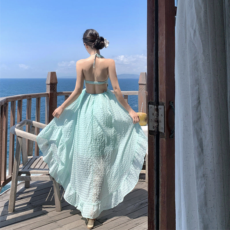 Photogenic Light Yellow Plaid Vacation Style Backless Dress Dopamine Island Vacation Beach Halter Long Dress