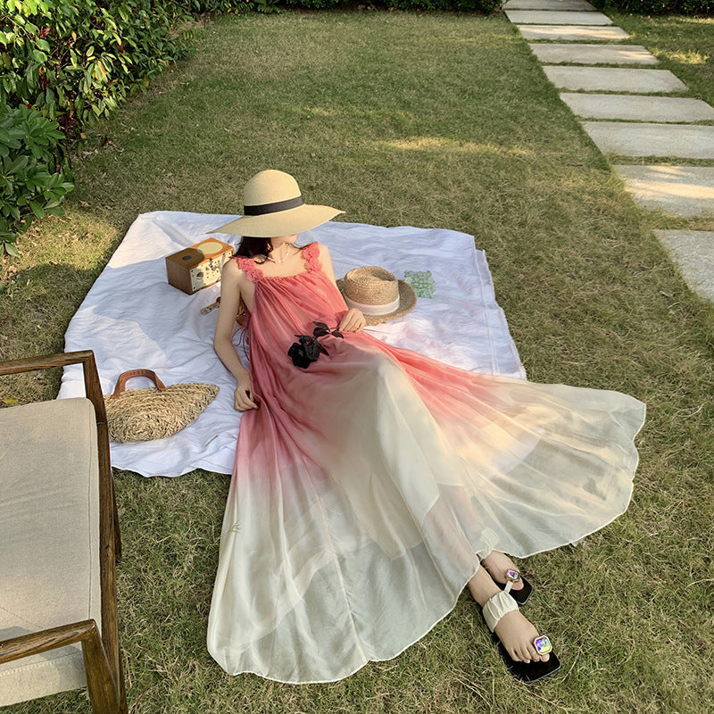 Beach Dress Sanya Vacation Strap Long Dress Pink Gradient Chiffon Dress Super Fairy