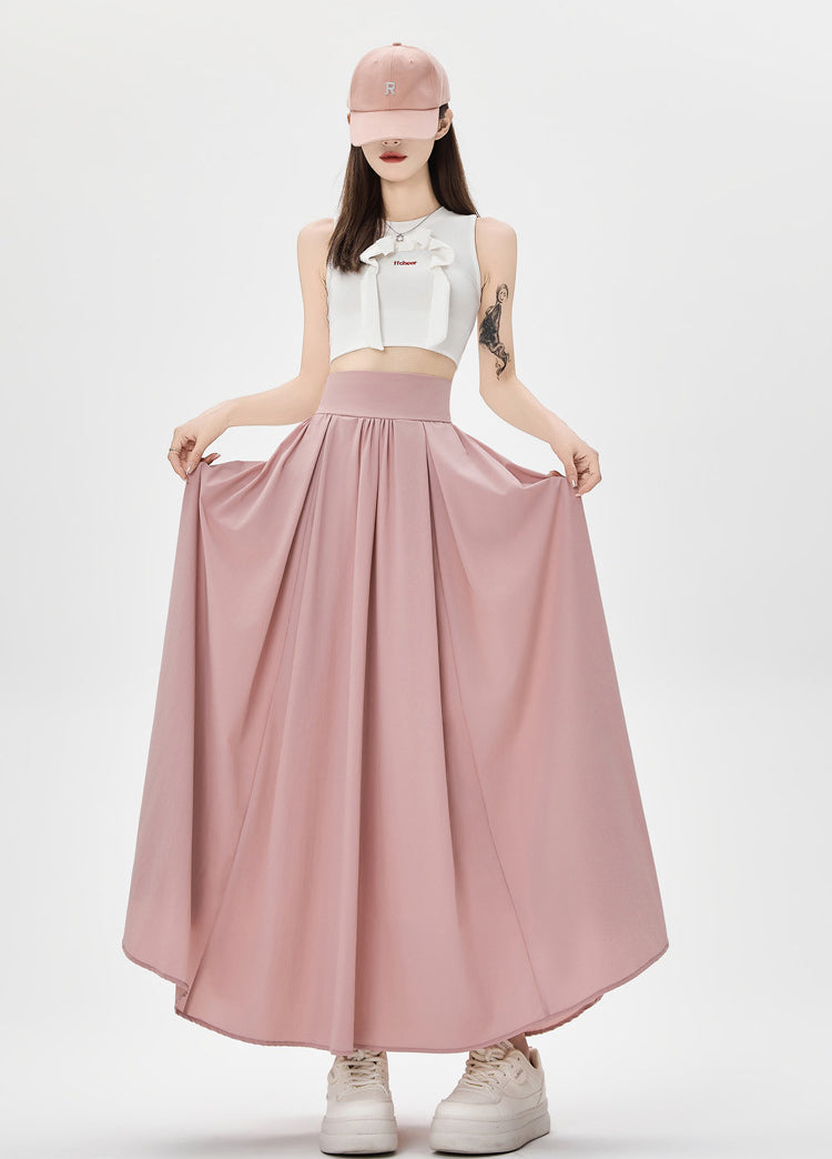 Women's Summer High Waist Maxi Skirt Korean Fashion Pockets Casual Sweet Long A-line Skirts Plain White Black Pink