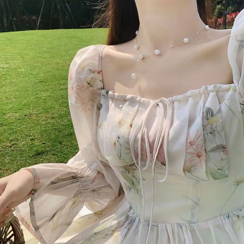 Vacation Style Floral Chiffon Dress Fairy Super Fairy Mori Style Gentle Sweet Tea Break French First Love Dress Long Dress